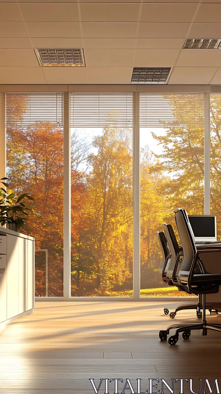 Golden autumn sunlight gently brightens a peaceful office