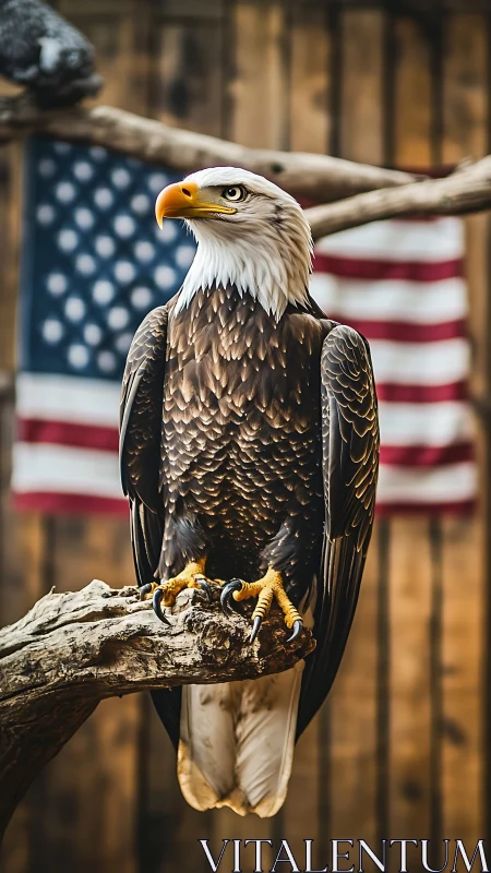 Bald eagle stands alert before blurred American flags