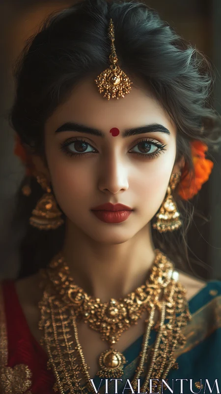 Portrait of jeweled woman with ornate Indian bridal adornment