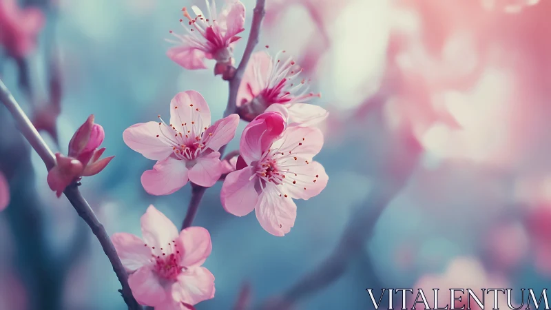 Delicate Pink Blossoms on Branch Against Blurred Blue Background