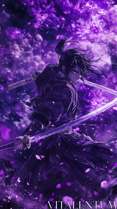 Samurai warrior commands twin blades in violet storm.