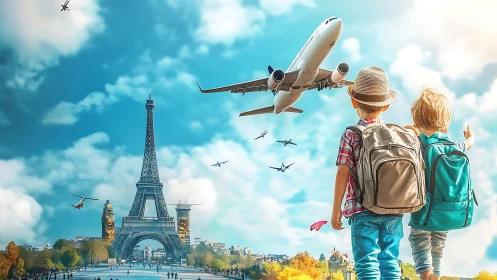 Children watch jet over Eiffel Tower in vivid travel sky.