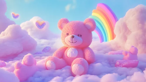 Pink teddy bear on fluffy clouds with pastel rainbow background.