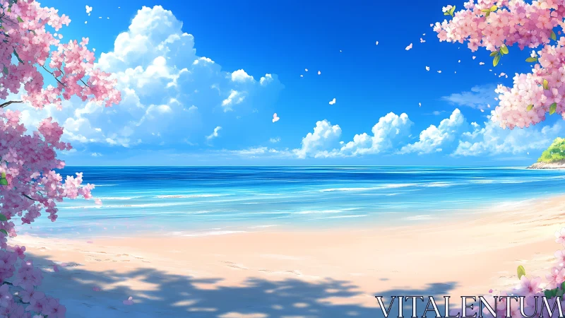 Cherry blossoms frame a high-saturation stylized tropical shoreline