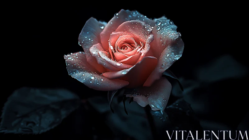 Luminous Rose Blooms with Crystalline Raindrops Against Darkness