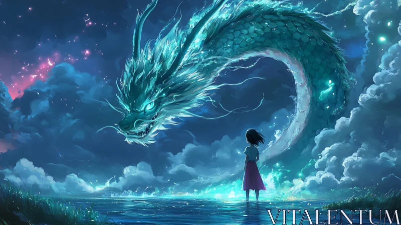 Girl meets luminous sky dragon above reflective water