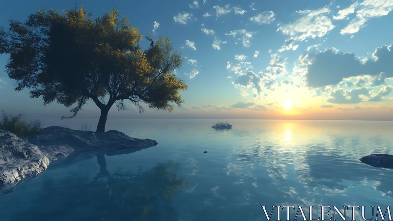 Lone shoreline tree mirrored in tranquil digital sunset seascape.