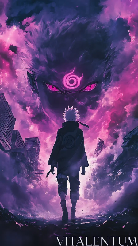 Electric ninja silhouette under colossal spectral gaze.