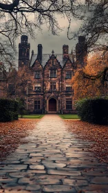 Gothic revival manor framed by autumn foliage under brooding sky