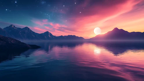 Moonlit lake reflects pink sunset sky over distant mountains