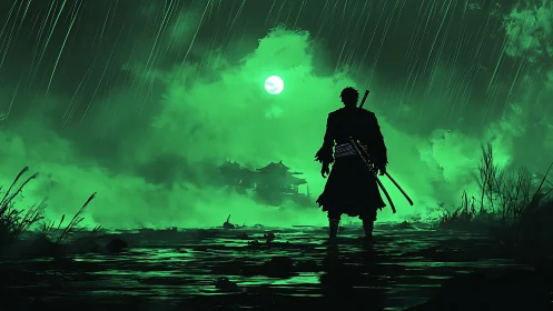 Lone samurai confronts a misty fortress under neon moonlight