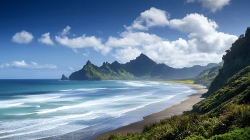 Dramatic Coastal Range Meeting Sandy Shore.