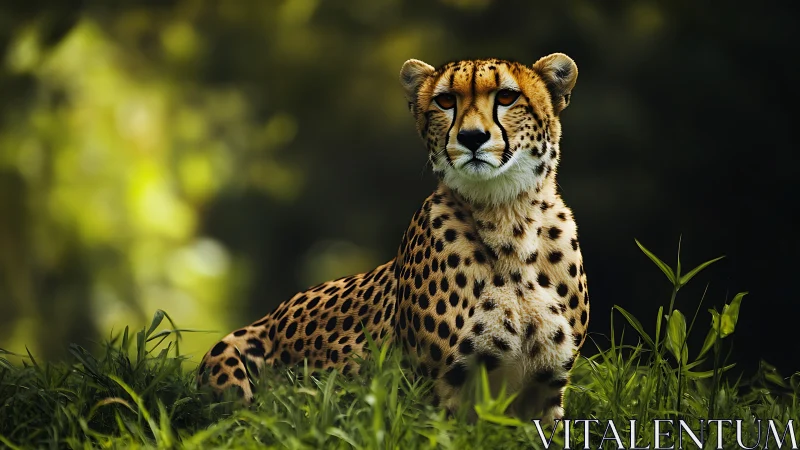 Cheetah sits alert in green grass with blurred forest background