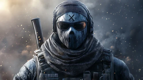 Ballistic-clad masked operator amid particulate blast field.