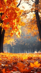 Golden maple foliage over sunlit autumn forest floor.
