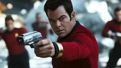 Focused sci-fi officer aiming futuristic sidearm in combat.