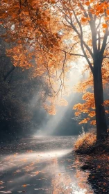 Golden autumn light filters through trees beside river