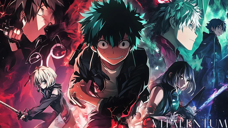 Intense anime heroes converge amid swirling red and blue energy