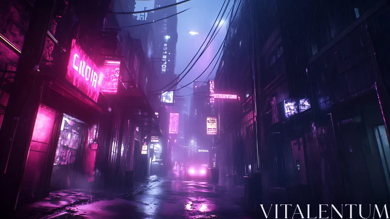 Neon lit rainy alleyway shows wet pavement and distant car