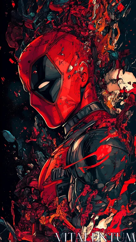 Bold masked antihero stands amid swirling crimson chaos