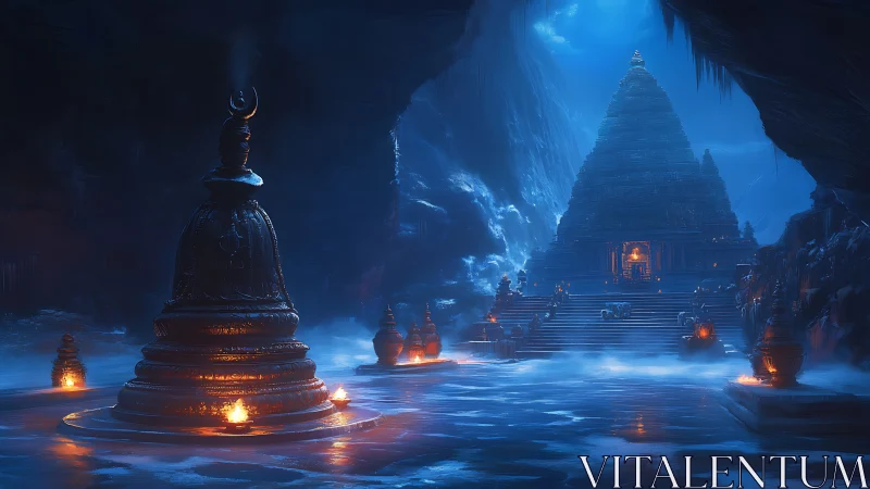 Moonlit cavern temple dreams in drifting sapphire mist.