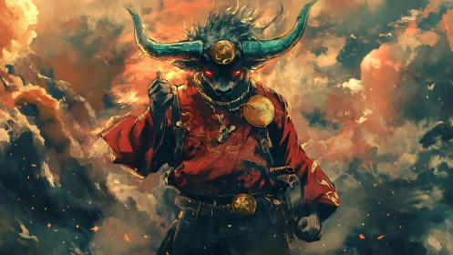 Horned demon warlord advances through incendiary stormfront