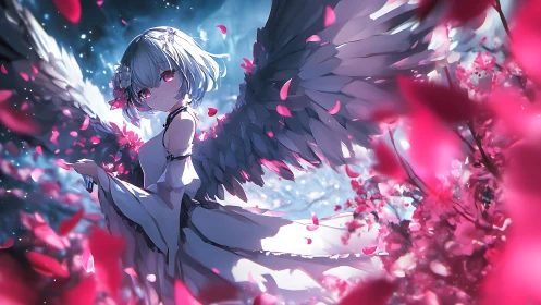 Winged girl amid falling sakura petals under moonlight.
