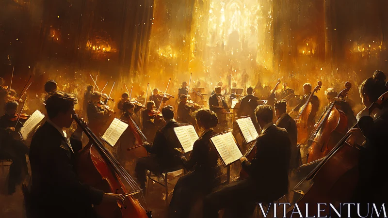 Symphony orchestra in warm golden concert hall light.