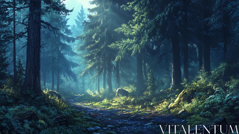 Sunlit Forest Path Through Ancient Trees.