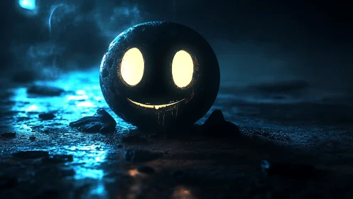 Backlit glowing jack-o’-lantern sphere illuminates wet ground