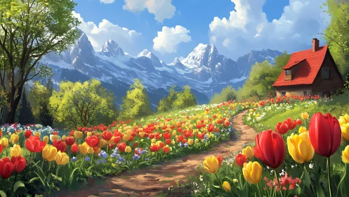 Tulips lead a sunlit path toward the quiet crimson-roof refuge