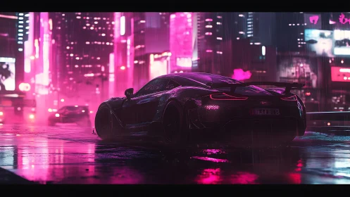 Sleek neon sports car glowing in a rainy cyberpunk night.