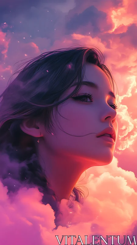 Luminescent female profile emerging through iridescent clouds