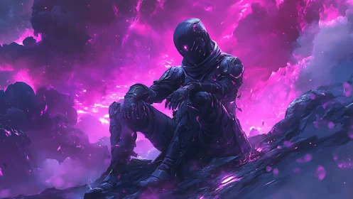 Solitary armored figure in vivid cosmic nebula glow.