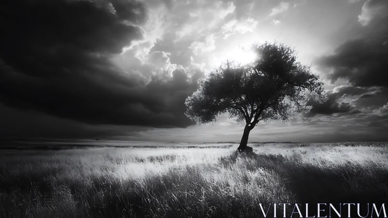 Solitary tree anchors high-contrast monochrome storm landscape