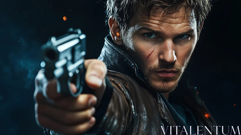 Action hero aiming handgun in intense close foreground.