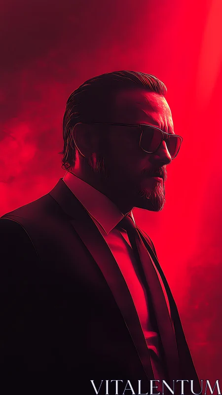 Cinematic male portrait in red backlight, suit and sunglasses