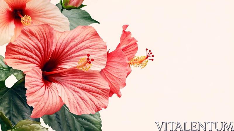 Red Hibiscus Flowers on Cream Background.