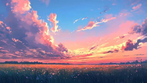 Hyperreal dusk sky over wildflower meadow in lateral panorama