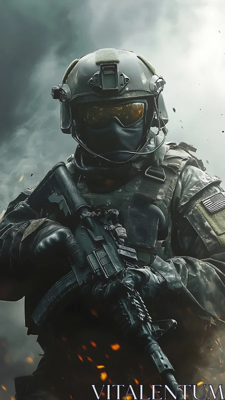 Armored special-operations soldier advances through smoke and sparks