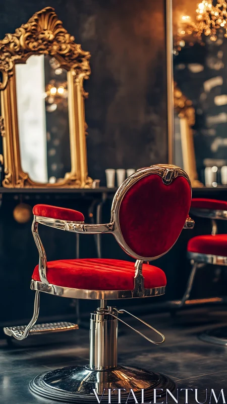 Red velvet salon chair stands before ornate gold mirror