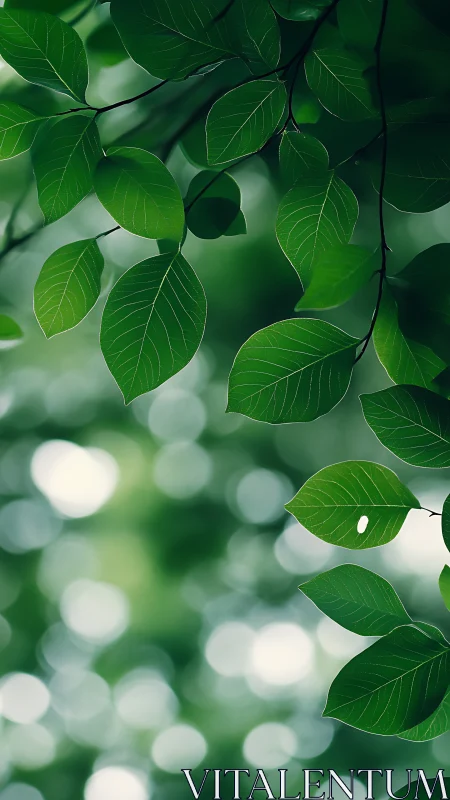 Gentle green leaves drift softly above a dreamy forest glow