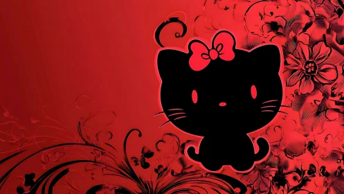Silhouetted Feline Character Profile on Monochromatic Red Botanical Composite Background