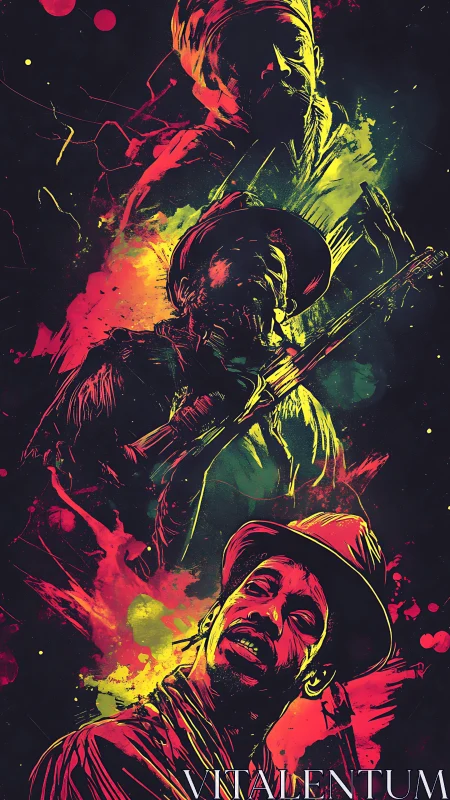 Neon triptych portrait with expressive splatter composition.