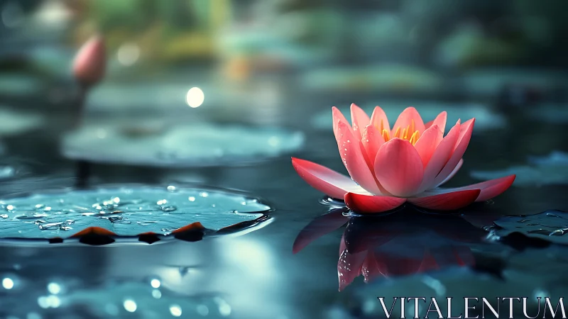 Pink water lily on calm reflective pond surface.