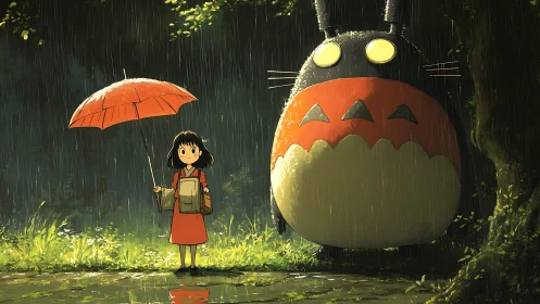 Rainlit forest guardians share a quiet umbrella-side pause.