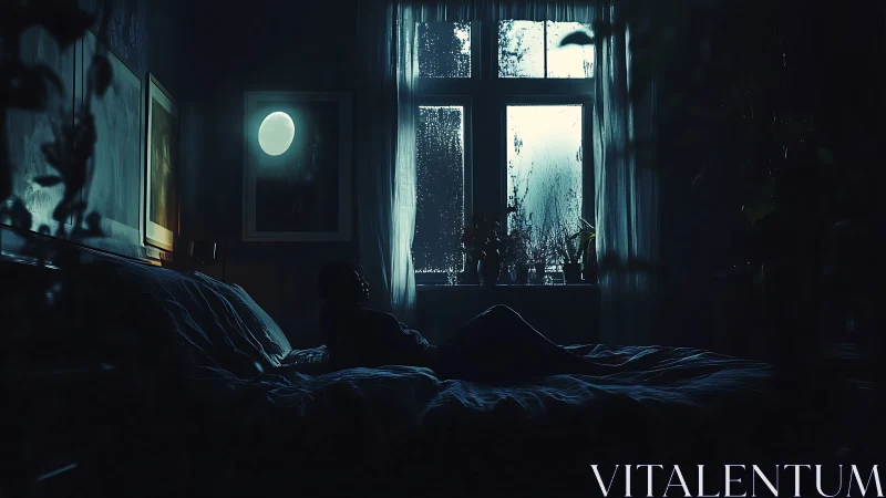 Solitary figure in moody moonlit bedroom at rainy window.