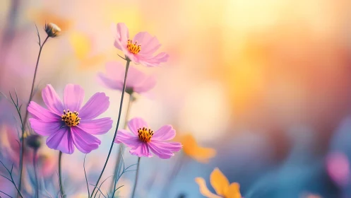 Soft pink cosmos sway in a dreamy, glowing sunset field.