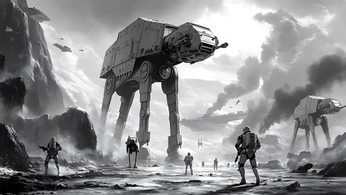 Imperial walkers advance through monochrome war-torn valley.