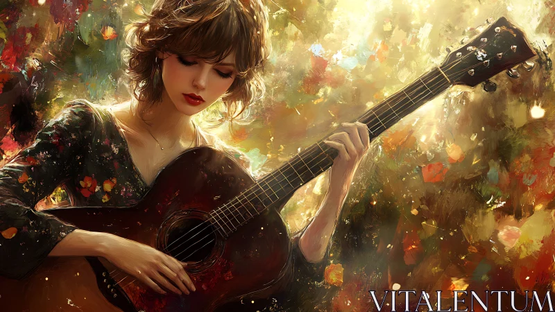 Young woman playing acoustic guitar in warm abstract light.